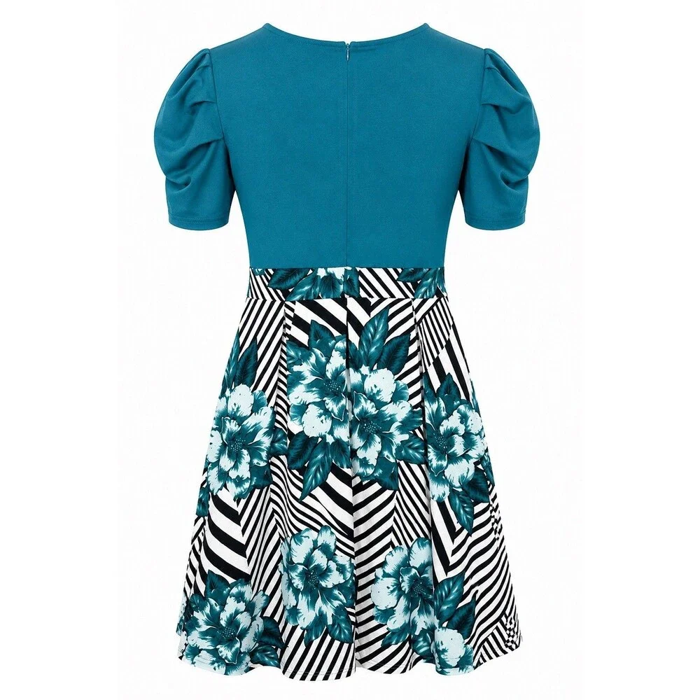 Chiccloth Women's Short Puff Sleeve Floral Fit & Flare Dress Teal/Floral Size XL